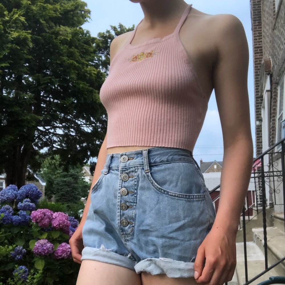 Baby Pink Ribbed Crop Top, Flower Embroidery
